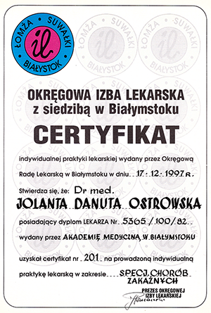 GABINET CHORÓB ODZWIERZĘCYCH I ZAKAŹNYCH DR N. MED. JOLANTA OSTROWSKA SPEC. CHORÓB ZAKAŹNYCH I WEWNĘTRZNYCH BIAŁYSTOK2